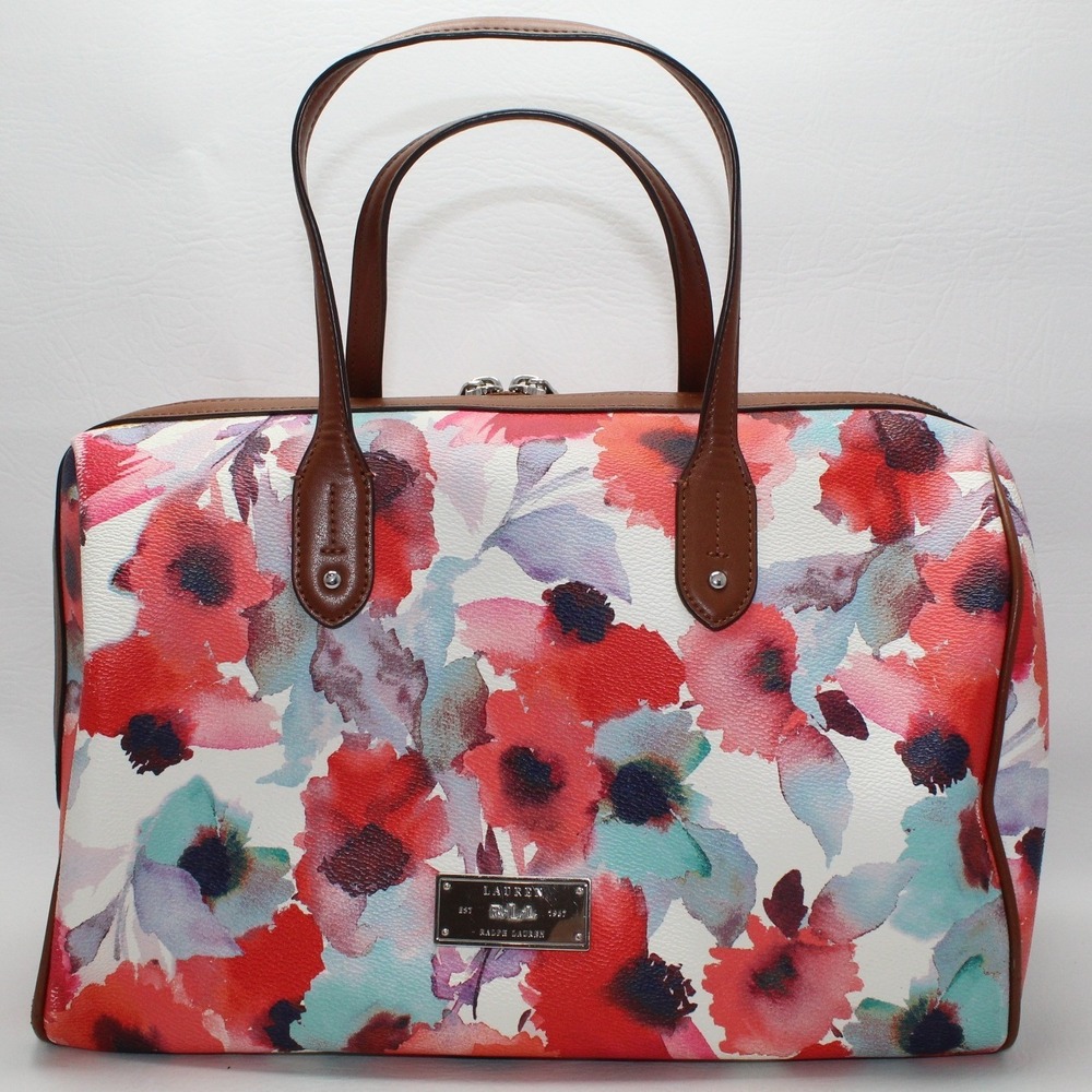 Lauren Ralph Lauren Floral Watercolor Satchel Bag‎ Brown Leather Trim Red Blue